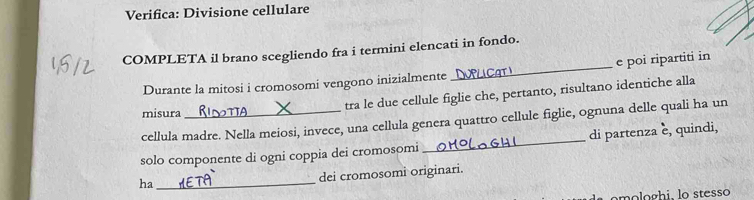 Verifica: Divisione cellulare 
_ 
COMPLETA il brano scegliendo fra i termini elencati in fondo. 
e poi ripartiti in 
Durante la mitosi i cromosomi vengono inizialmente 
tra le due cellule figlie che, pertanto, risultano identiche alla 
misura_ 
cellula madre. Nella meiosi, invece, una cellula genera quattro cellule figlie, ognuna delle quali ha un 
solo componente di ogni coppia dei cromosomi _di partenza è, quindi, 
dei cromosomi originari. 
ha_ 
mologhi, lo stesso