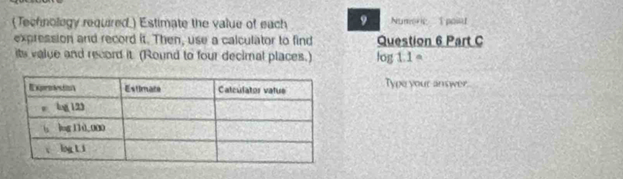 (Technology required.) Estimate the value of each 9 Numoric 1 point 
expression and record it. Then, use a calculator to find Question 6 Part C 
its value and record it (Round to four decimal places.) log 1^
Type your answer