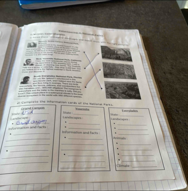 a:Vime Natnal Pack, Cala 
__ __ 
ruls ae a meries of motectale - they drp 0,428 las Car 
yu belese a? is is the highead watertal in horth Amerca 

Evort: Everglades National Park, Florida 
o you like pstors? I volordmered in mas 
spectacular park, and I helped save the hauna 
anut Bora fving in inwamps. There are bavs 
eecywhere, ike herons, policans, and woodpackars but 
also manutees and 200,000 alligators! The mangross is 
evecywhere and the water is the marshes is salty. Did you 
know ? This umber inlace in a subiropical climate io the most 
diverse ecosystem in the world with 30 different species. 
2) Complete the information cards of the National Parks. 
Yosemite 
Grand Canyon Everglades 
State _ 
State : _State 
_ 
Landscape : 
Landscapes : Landscapes : 
__ 
_ 
Information and facts :_ 
_ 
_Information and facts :_ 
_ 
_ Animals : 
_ 
_ 
_ 
_ 
_ 
_ 
_ 
_ 
_ 
_ 
_ 
_ 
_ 
Climate :_