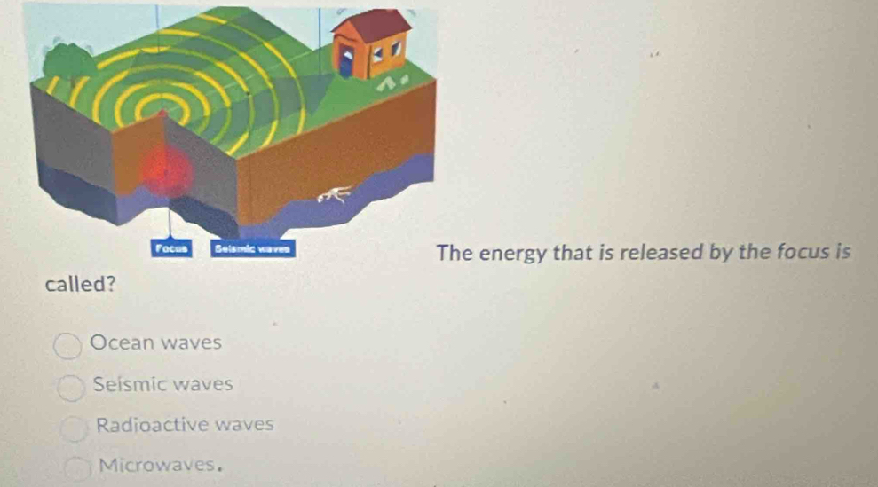 energy that is released by the focus is
Ocean waves
Seismic waves
Radioactive waves
Microwaves.