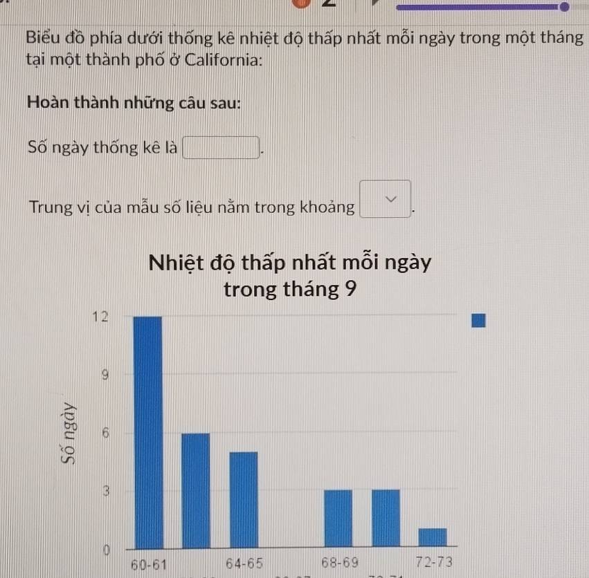 Biểu đồ phía dưới thống kê nhiệt độ thấp nhất mỗi ngày trong một tháng 
tại một thành phố ở California: 
Hoàn thành những câu sau: 
Số ngày thống kê là □
Trung vị của mẫu số liệu nằm trong khoảng □.
60 - 61 64 -65 68 -69 7 2-73