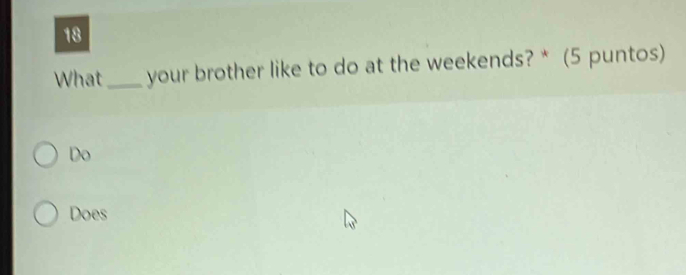 What_ your brother like to do at the weekends? * (5 puntos) 
Do 
Does