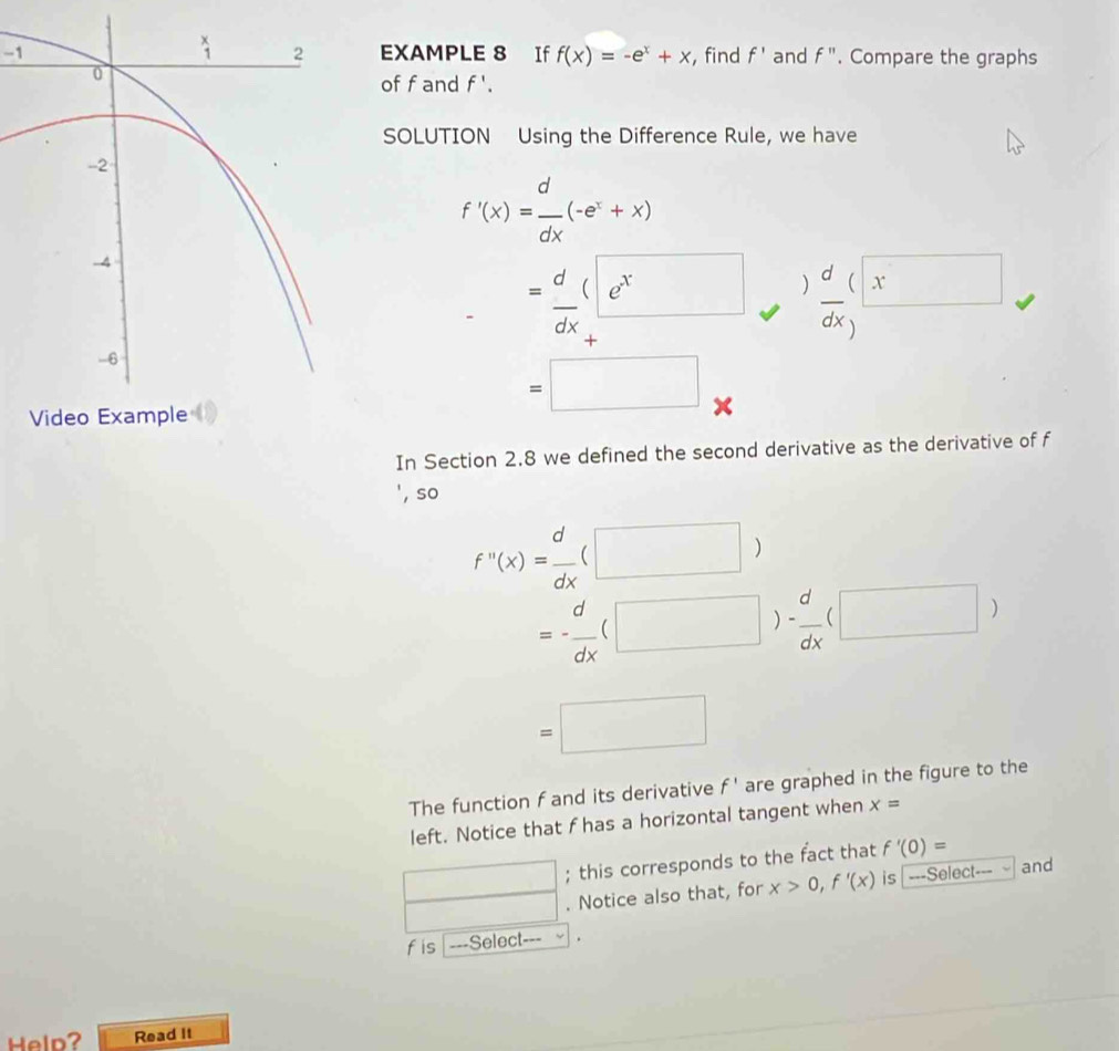 1EXAMPLE 8 If f(x)=-e^x+x , find f' and f''. Compare the graphs
offand f'.
SOLUTION Using the Difference Rule, we have
f'(x)= d/dx (-e^x+x)
= d/dx beginarrayr (e^x +endarray )  d/dx beginpmatrix xendpmatrix endarray
=□
In Section 2.8 we defined the second derivative as the derivative of f
', so
f'prime (x)= d/dx (□ )
=- d/dx (□ )- d/dx (□ )
=□
The function f and its derivative f' are graphed in the figure to the
left. Notice that f has a horizontal tangent when x=
□; this corresponds to the fact that f'(0)= and
□. Notice also that, for x>0,f'(x) is ---Select--- -
fis ===Select===
Help? Read It