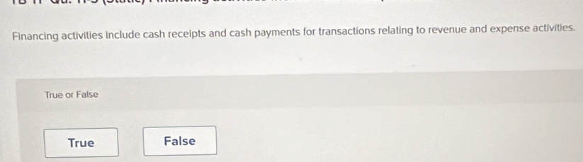 Financing activities include cash receipts and cash payments for transactions relating to revenue and expense activities.
True or False
True False