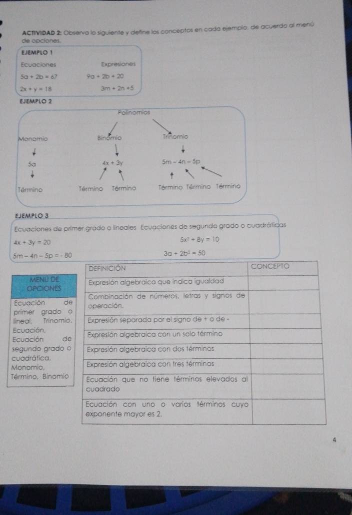 ACTIVIDAD 2: Observa lo siguiente y define los conceptos en cada ejemplo, de acuerdo al menú
de opciones.
EJEMPLO 1
Ecuaciones Expresiones
5a+2b=67 9a+2b+20
2x+y=18 3m+2n+5
EJEMPLO 3
Ecuaciones de primer grado o líneales Ecuaciones de segundo grado o cuadráticas
4x+3y=20
5x^2+8y=10
5m-4n-5p=-80
3a+2b^2=50
MENÜ DE
OPCIONES
Ecuación d
primer grado 
lineal, Trinomi
Ecuación.
Ecuación d
segundo grado 
cuadrática,
Monomio, 
Término, Bínomio