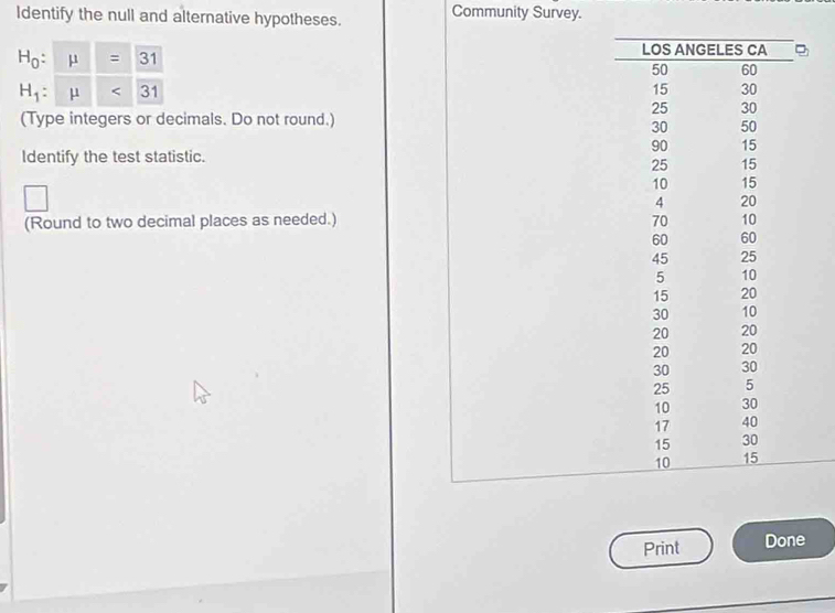 Identify the null and alternative hypotheses. Community Survey.
(Type integers or decimals. Do not round.)
Identify the test statistic.
□
(Round to two decimal places as needed.)
Print Done