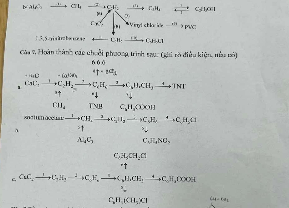 b/ Al_4C_3xrightarrow (1)CH_4xrightarrow (2)C_2H_2 xrightarrow (3)C_2H_4 xrightarrow 4C_5H_5OH
(6) (7)
CaC_2^(|(8) Viny1 ch lo -i le xrightarrow (9))PVC 
1,3,5-trinitrobenzene _ 11 C_6H_6xrightarrow (10)C_6H_5Cl
Câu 7. Hoàn thành các chuỗi phương trình sau: (ghi rõ điều kiện, nếu có) 
6.6.6
H_2O +Ca(OH)_2^(8uparrow +3Cl_2)
a. CaC_2xrightarrow 1C_2H_to C_6H_6to C_6H_5CH_3to TNT
5uparrow =
6 7
CH_4 TNB C_6H_5COOH
sodium acetate 
b.
6
Al_4C_3
C_6H_5NO_2
C_6H_5CH_2Cl
6↑ 
c. CaC_2xrightarrow 1C_2H_2xrightarrow 2C_6H_6xrightarrow 3C_6H_5CH_3xrightarrow 4C_6H_5COOH
5
C_6H_4(CH_3)Cl
CH=CH_E