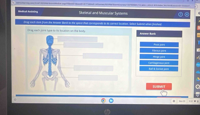 Medical Assisting Skeletal and Muscular Systems
Drag each item from the Answer Bank to the space that corresponds to its correct location. Select Submit when finished.
6
Drag each joint type to its location on the body. Answer Bank A<
Pivot joint
 Fibrous joint
Hinge joint
Cartilagenous joint
Ball & Socket joint
SUBMIT
Now 29 9 57