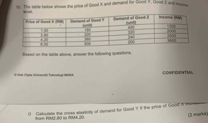 The table below shows the price of Good X and demand for Good Y, Good Z and income 
level. 
Based on the table above, answer the following questions. 
© Hak Cipta Universiti Teknologi MARA CONFIDENTIAL 
i) Calculate the cross elasticity of demand for Good Y if the price of Good X increa 
from RM2.80 to RM4.20. 
(2 marks)