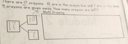 There are 17 crayons. 10 are in the crayon box and 7 are on the desk. 
I crayons are given away. How many crayons are left? 
Math Drawing