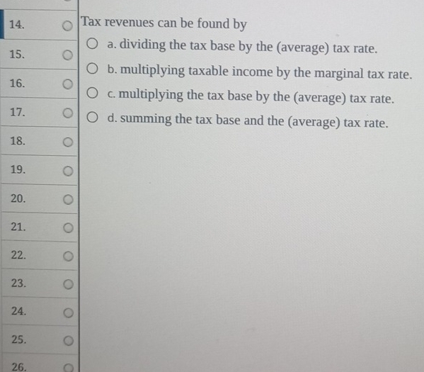 Tax revenues can be found by
15.
a. dividing the tax base by the (average) tax rate.
b. multiplying taxable income by the marginal tax rate.
16.
c. multiplying the tax base by the (average) tax rate.
17. d. summing the tax base and the (average) tax rate.
18.
19.
20.
21.
22.
23.
24.
25.
26.