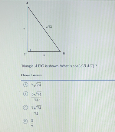 Solved: Triangle ABC is shown. What is cos (∠ BAC) ? Choose 1 answer: A ...