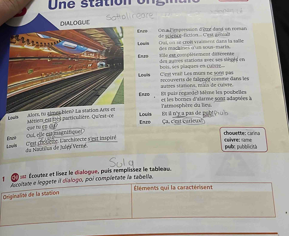 Une station Ungm 
DIALOGUE sottollreare 
Enzo On a l'impression d'être dans un roman 
de science-fiction... C'est génial! 
Louis Oul, on se croit vraiment dans la salle 
des machines d'un sous-marin. 
Enzo Elle est complètement différente 
des autres stations avec ses siègé s en 
bois, ses plaques en cuivre... 
Louis C'est vrai! Les murs ne sont pas 
recouverts de faïence comme dans les 
autres stations, mais de cuivre. 
Enzo Et puis regarde! Même les poubelles 
et les bornes d'alarme sont adaptées à 
l'atmosphère du lieu. 
Louis Alors, tu aimes bien? La station Arts et 
Métiers est très particulière. Qu'est-ce Louis Et il n'y a pas de pub! 
Enzo Ça, c'est curieux! 
que tu en dis? 
Enzo Oui, elle est magnifique! 
chouette: carina 
Louis C'est chouette. L'architecte s'est inspiré 
cuivre: rame 
du Nautilus de Jules Verné. pub: pubblicità 
1 (D 102 Écoutez et lisez le dialogue, puis remplissez le tableau. 
, poi completate la tabella.