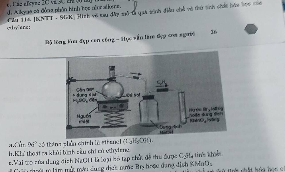 Các alkyne 2C và 3C chỉ có tuy  n
d. Alkyne có đồng phân hình học như alkene.
Câu 114. [KNTT - SGK] Hình vẽ sau đây mô tả quá trình điều chế và thứ tính chất hóa học của
ethylene:
Bộ lông làm đẹp con công - Học vấn làm đẹp con người 26
a.Cồn 96° có thành phần chính là ethanol (C_2H_5OH).
b.Khí thoát ra khỏi bình cầu chỉ có ethylene.
c.Vai trò của dung dịch NaOH là loại bỏ tạp chất để thu được C_2H_4 tinh khiết.
C:Hi thoát ra làm mất màu dung dịch nước Br_2 hoặc dung dịch K MnO_4.
tính chất hóa họ c  có