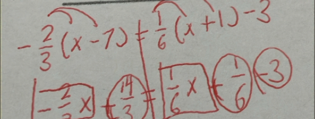 - 2/3 (x-7)!=  1/6 (x+1)-3
[- 2/2 x+( 14/3 = 1/6 x+( 1/6 )(-3