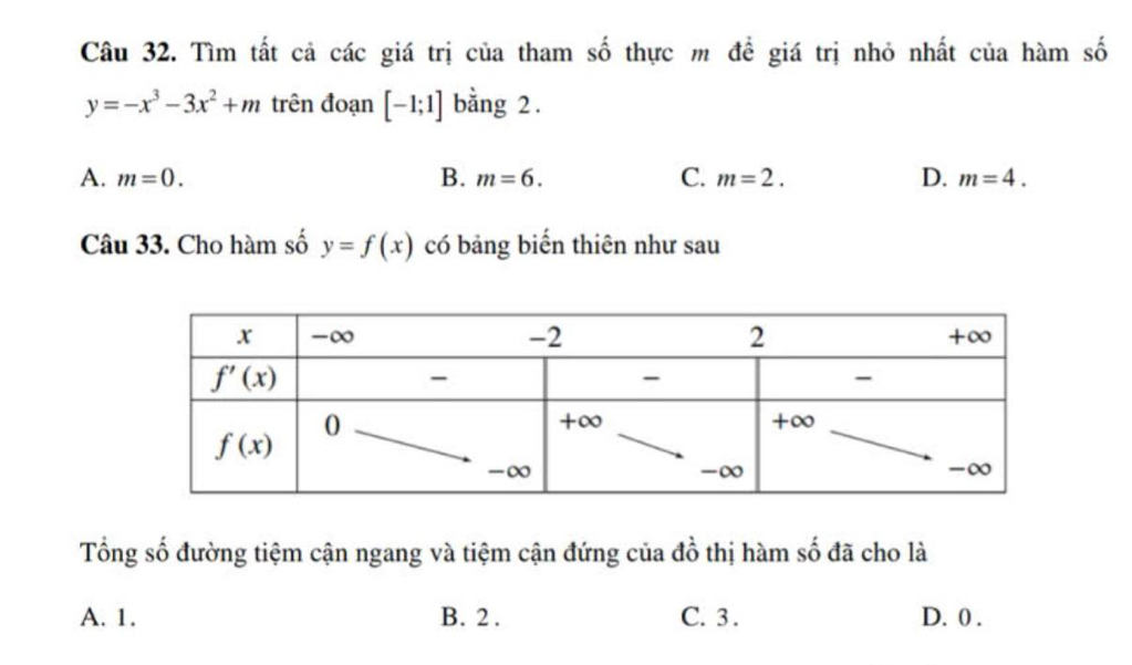 Tìm tất cả các giá trị của tham số thực m để giá trị nhỏ nhất của hàm số
y=-x^3-3x^2+m trên đoạn [-1;1] bằng 2 .
A. m=0. B. m=6. C. m=2. D. m=4.
Câu 33. Cho hàm số y=f(x) có bảng biến thiên như sau
Tổng số đường tiệm cận ngang và tiệm cận đứng của đồ thị hàm số đã cho là
A. 1. B. 2 . C. 3 . D. 0 .