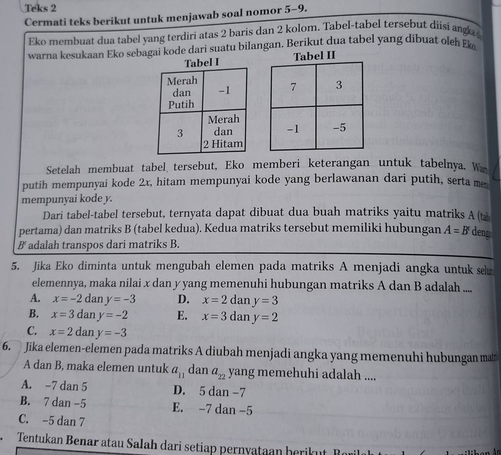 Teks 2
Cermati teks berikut untuk menjawab soal nomor 5-9.
Eko membuat dua tabel yang terdiri atas 2 baris dan 2 kolom. Tabel-tabel tersebut diisi anga 
warna kesukaan Eko sebagai kode dari suatu bilangan. Berikut dua tabel yang dibuat oleh k
Tabel II
 
 
Setelah membuat tabel、 tersebut, Eko memberi keterangan untuk tabelnya. Wan
putih mempunyai kode 2x, hitam mempunyai kode yang berlawanan dari putih, serta mer
mempunyai kode y.
Dari tabel-tabel tersebut, ternyata dapat dibuat dua buah matriks yaitu matriks A (t
pertama) dan matriks B (tabel kedua). Kedua matriks tersebut memiliki hubungan A=B^t deng
B' adalah transpos dari matriks B.
5. Jika Eko diminta untuk mengubah elemen pada matriks A menjadi angka untuk selu
elemennya, maka nilai x dan y yang memenuhi hubungan matriks A dan B adalah ....
A. x=-2 dan y=-3 D. x=2 da ny=3
B. x=3 dan y=-2 E. x=3dany=2
C. x=2da in y=-3
6. Jika elemen-elemen pada matriks A diubah menjadi angka yang memenuhi hubungan matr
A dan B, maka elemen untuk a_11 dan a_22 yang memehuhi adalah ....
A. -7 dan 5 D. 5 dan -7
B. 7 dan -5 E. -7 dan -5
C. -5 dan 7
Tentukan Benar atau Salah dari setiap pernyataan berikut Be