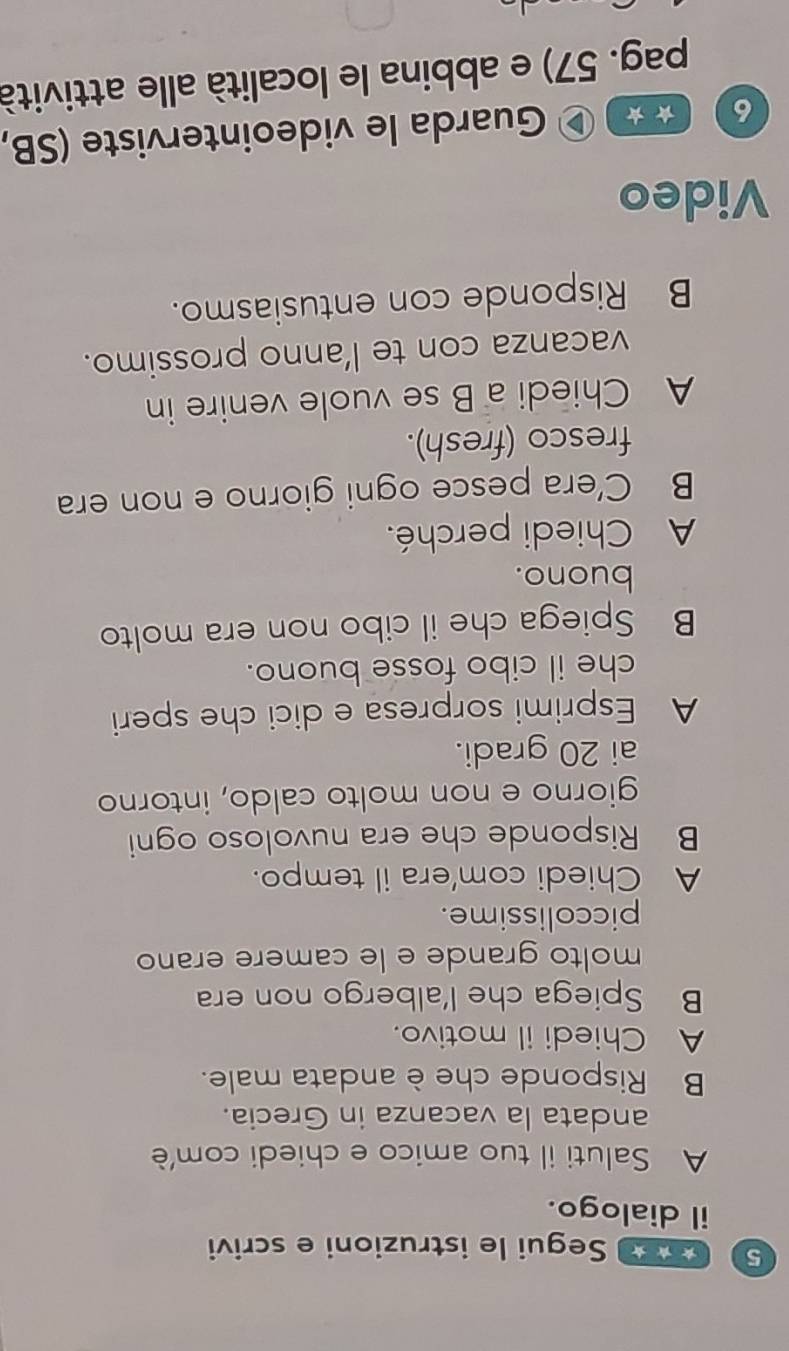 Sa ñe Segui le istruzioni e scrivi 
il dialogo. 
A Saluti il tuo amico e chiedi com'è 
andata la vacanza in Grecia. 
B Risponde che è andata male. 
A Chiedi il motivo. 
B Spiega che l'albergo non era 
molto grande e le camere erano 
piccolissime. 
A Chiedi com'era il tempo. 
B Risponde che era nuvoloso ogni 
giorno e non molto caldo, intorno 
ai 20 gradi. 
A Esprimi sorpresa e dici che speri 
che il cibo fosse buono. 
B Spiega che il cibo non era molto 
buono. 
A Chiedi perché. 
B C’era pesce ogni giorno e non era 
fresco (fresh). 
A Chiedi a B se vuole venire in 
vacanza con te l’anno prossimo. 
B Risponde con entusiasmo. 
Video 
6 ★★ a ® Guarda le videointerviste (SB, 
pag. 57) e abbina le località alle attività