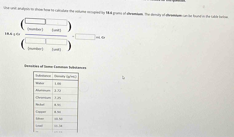 question 
Use unit analysis to show how to calculate the volume occupied by 18.6 grams of chromium. The density of chromium can be found in the table below. 
164/ (5 □ /(68mon)(600) ).□ .□ ( □ /(6mol)(6mol) ).□ . 
Densities of Some Common Substances