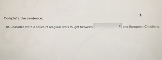 Complete the sentence. 
The Crusades were a series of religious wars fought between : and European Christians.