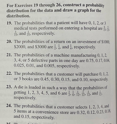 For Exercises 19 through 26, construct a probability 
distribution for the data and draw a graph for the 
distribution. 
19. The probabilities that a patient will have 0, 1, 2, or 3
medical tests performed on entering a hospital are  6/15 ,  5/15 ,
 3/15  , and  1/15  , respectively. 
20. The probabilities of a return on an investment of $1000,
$2000, and $3000 are  1/2 ,  1/4  ,and  1/4  , respectively. 
21. The probabilities of a machine manufacturing 0, l, 2,
3, 4, or 5 defective parts in one day are 0.75, 0.17, 0.04,
0.025, 0.01, and 0.005, respectively. 
22. The probabilities that a customer will purchase 0, 1, 2, 
or 3 books are 0.45, 0.30, 0.15, and 0.10, respectively. 
23. A die is loaded in such a way that the probabilities of 
getting 1, 2, 3, 4, 5, and 6 are  1/2 ,  1/6 ,  1/12 ,  1/12 ,  1/12  , and  1/12 , 
respectively. 
24. The probabilities that a customer selects 1, 2, 3, 4, and
5 items at a convenience store are 0.32, 0.12, 0.23, 0.18
and 0.15, respectively.