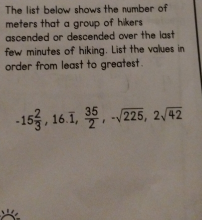 The list below shows the number of 
meters that a group of hikers 
ascended or descended over the last . 
few minutes of hiking. List the values in 
order from least to greatest.
-15 2/3 , 16.overline 1,  35/2 , -sqrt(225), 2sqrt(42)