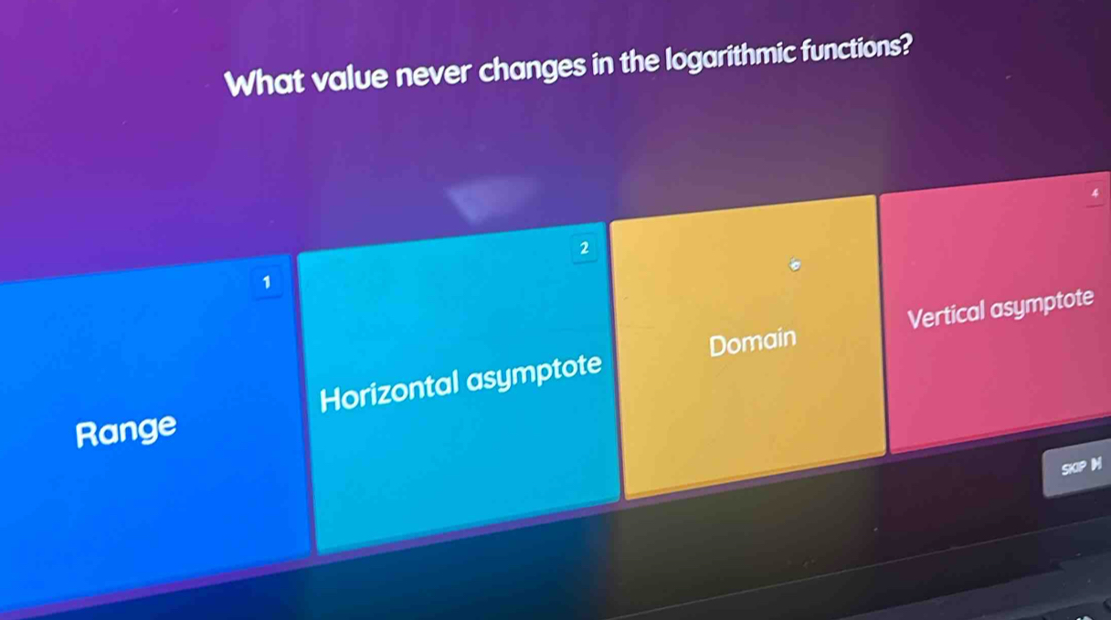 What value never changes in the logarithmic functions?
2
1
Domain
Horizontal asymptote Vertical asymptote
Range
SKIP M