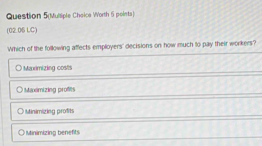 Question 5(Multiple Choice Worth 5 points)
(02.06 LC)
Which of the following affects employers' decisions on how much to pay their workers?
Maximizing costs
Maximizing profits
Minimizing profits
Minimizing benefits