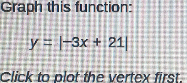 Graph this function:
y=|-3x+21|
Click to plot the vertex first.