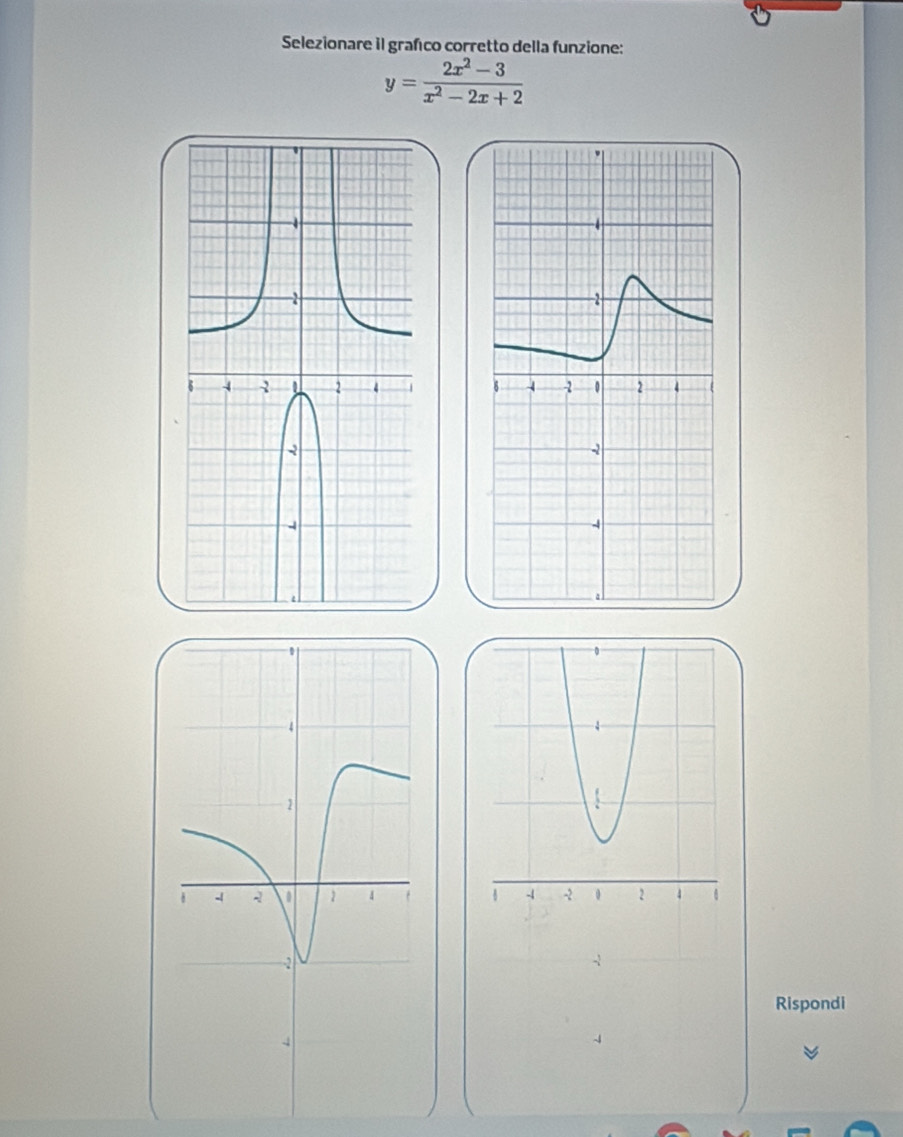 Selezionare il grafco corretto della funzione:
y= (2x^2-3)/x^2-2x+2 

Rispondi