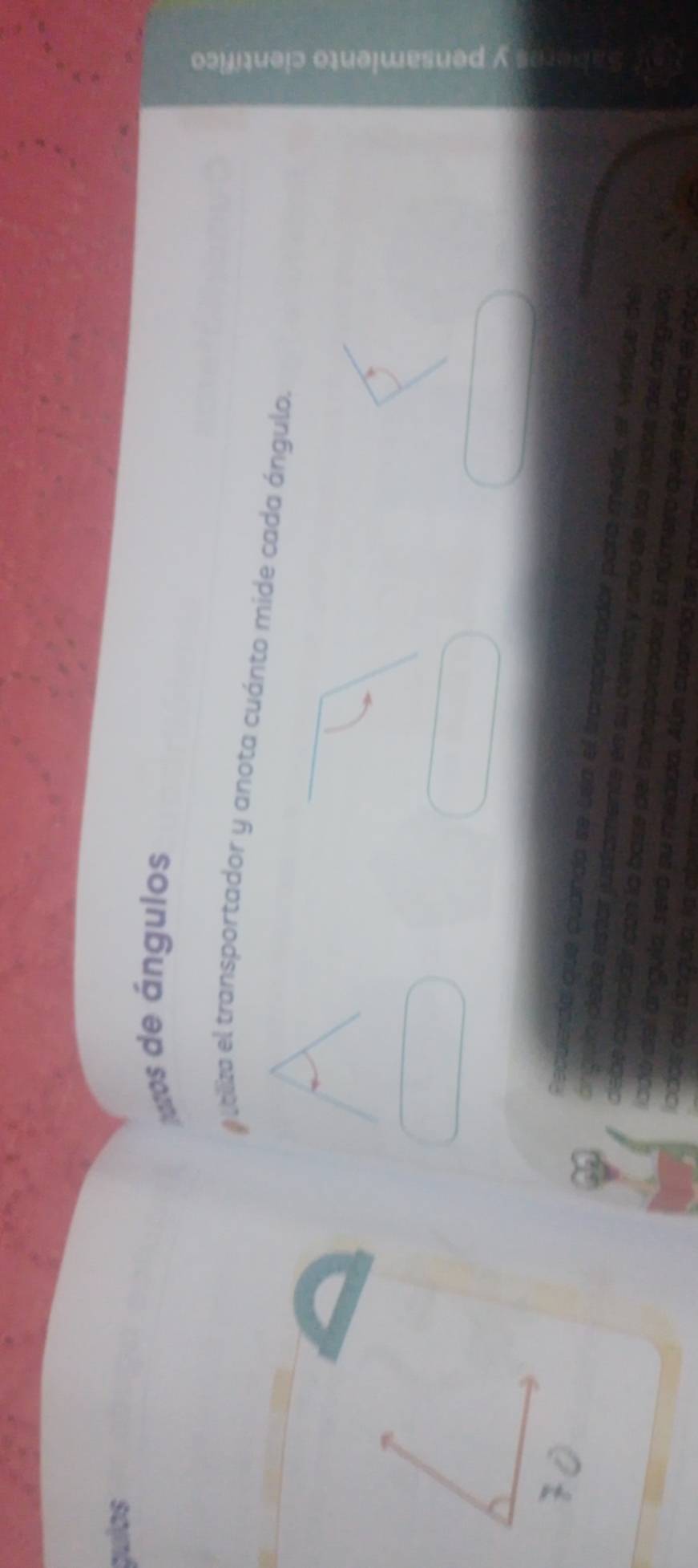 guíos 
poros de ángulos 
yltlza el transportador y anota cuánto mide cada ángulo. 
Pequerda que cuanda se Usia el transportador para médir, el vérlice del 
argulo debe estar justamente en su centro y uño de los ipara del angala 
debe coinclair con la base del cansportador. El númera que señalla el otra 
c do del ángula, seró su medida. Aún cuanda s e an 
cdos del átguia, la aber