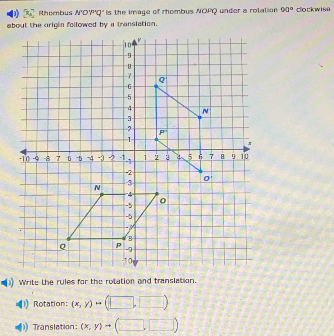 Rhombus N'O'P'Q' is the image of rhombus NOPQ under a rotation 90° clockwise
Write the rules for the rotation and translation.
Rotation: (x,y)to (□ ,□ )
Translation: (x,y)to (□ ,□ )