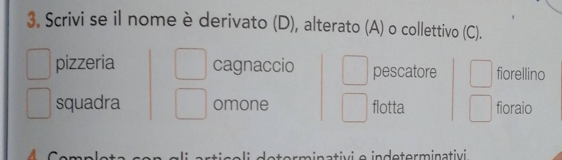 Scrivi se il nome è derivato (D), alterato (A) o collettivo (C).
pizzeria cagnaccio fiorellino
pescatore
squadra omone flotta fioraio
n d e terminativi