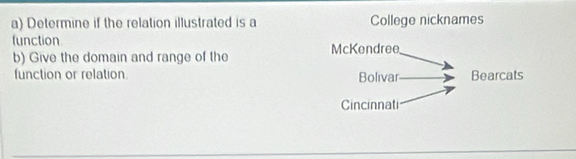 Determine if the relation illustrated is a College nicknames 
function 
b) Give the domain and range of the 
function or relation