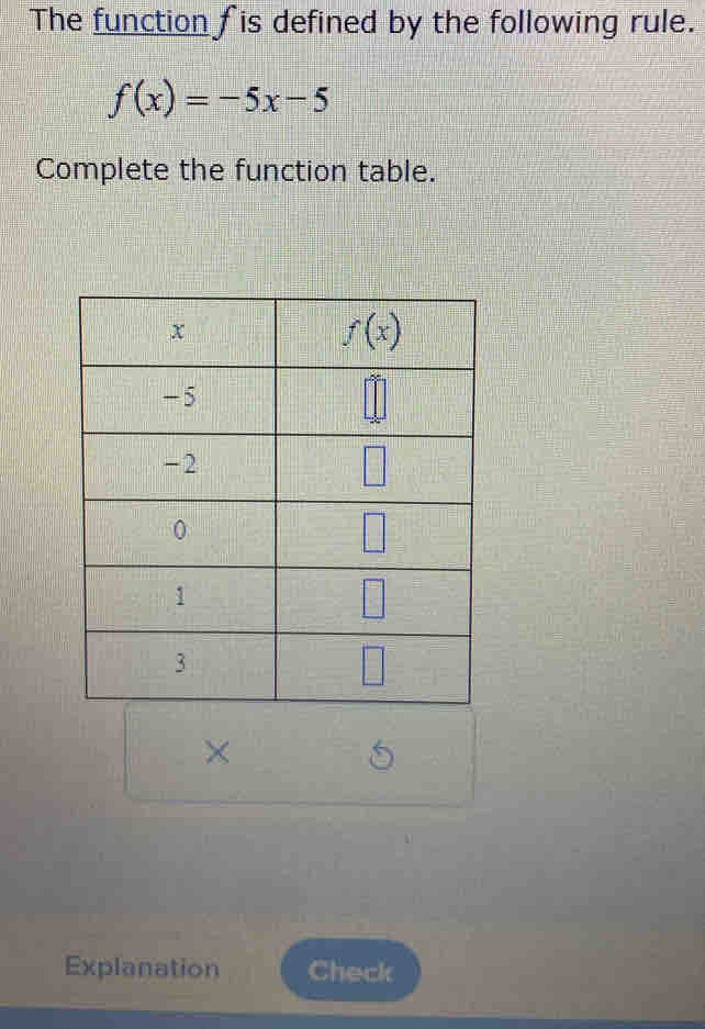 The function f is defined by the following rule.
f(x)=-5x-5
Complete the function table.
×
Explanation Check