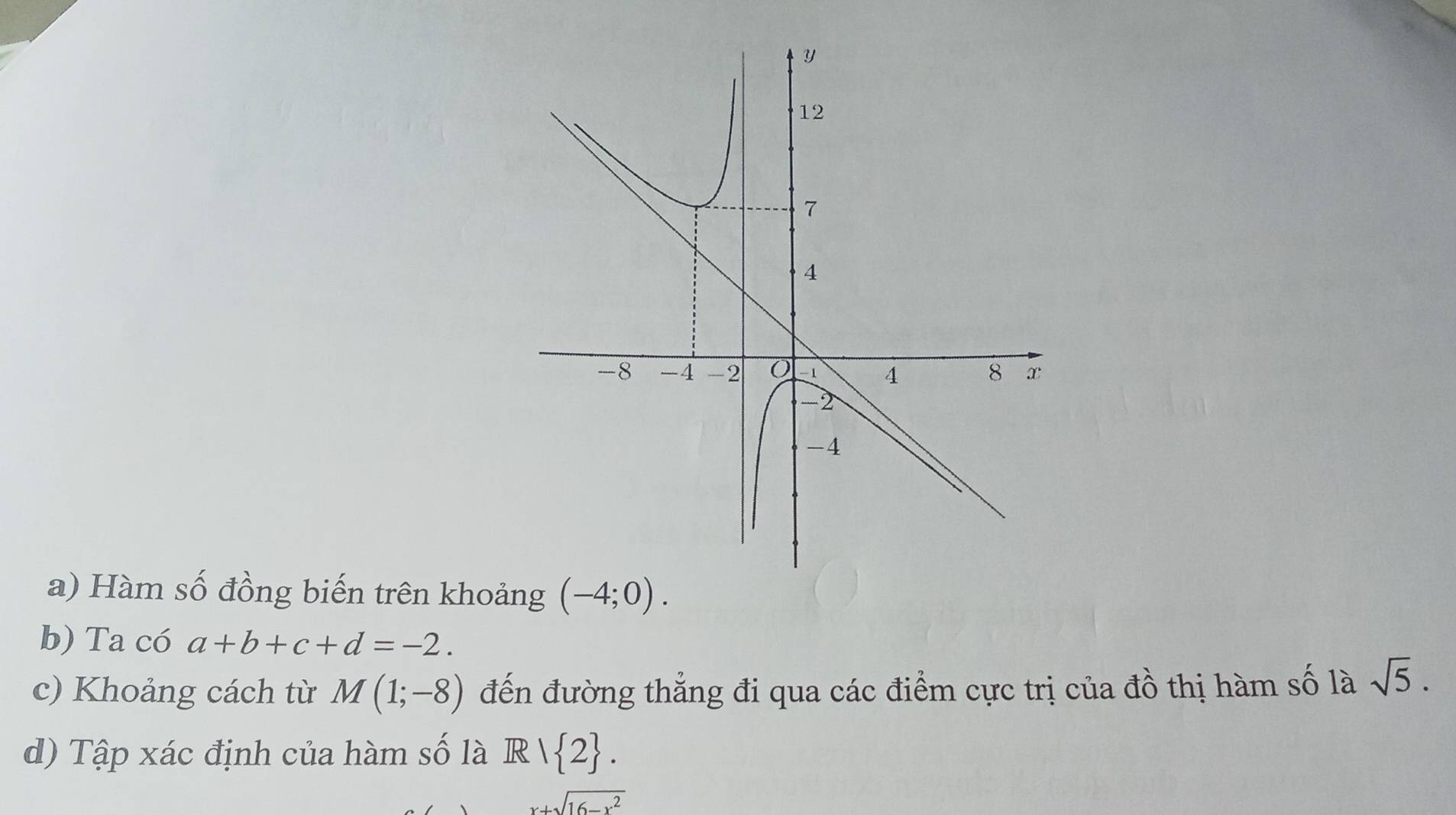 Hàm số đồng biến trên khoảng (-4;0). 
b) Ta có a+b+c+d=-2. 
c) Khoảng cách từ M(1;-8) đến đường thẳng đi qua các điểm cực trị của đồ thị hàm số là sqrt(5). 
d) Tập xác định của hàm số là R 1 2.
x+sqrt(16-x^2)