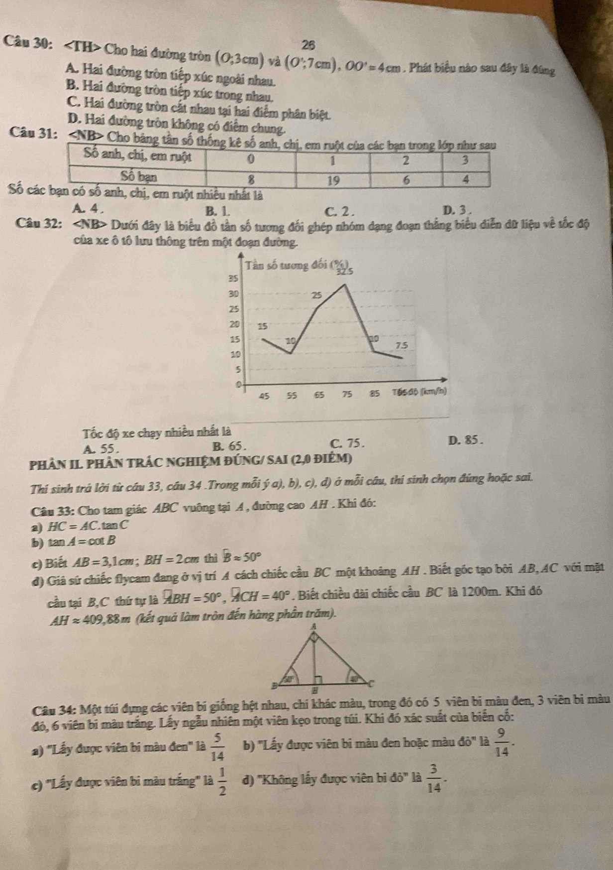 Cho hai đường tròn (0;3cm) và (0∵ 7cm),OO'=4cm. Phát biểu nào sau đây là đúng
A. Hai đường tròn tiếp xúc ngoài nhau.
B. Hai đường tròn tiếp xúc trong nhau.
C. Hai đường tròn cất nhau tại hai điểm phân biệt.
D. Hai đường tròn không có điểm chung.
Câu 31: : Cho bả
Số c
A. 4. B. 1. C. 2 . D. 3 .
Câu 32: Dưới đây là biểu đồ tần số tương đối ghép nhóm dạng đoạn thắng biểu diễn đữ liệu về tốc độ
của xe ô tô lưu thông trên một đoạn đường.
Tốc độ xe chạy nhiều nhất là
A. 55. B. 65. C. 75. D. 85 .
PHảN IL PHầN TRÁC NGHIệM đúNG/ SAI (2,0 điêm)
Thí sinh trả lời từ câu 33, câu 34 .Trong mỗi ý a), b), c), d) ở mỗi câu, thí sinh chọn đúng hoặc sai.
Câu 33: Cho tam giác ABC vuông tại A , đường cao AH . Khi đó:
a) HC=AC. ta □°C
b) tan A=cot B
c) Biết AB=3,1cm;BH=2cm thì Bapprox 50°
d) Giả sứ chiếc flycam đang ở vị trí A cách chiếc cầu BC một khoảng AH . Biết góc tạo bởi AB, AC với mặt
cầu tại B,C thứ tự là overline ABH=50^(circ CH=40^circ). Biết chiều dài chiếc cầu BC là 1200m. Khi đó
AHapprox 409,88m (kết quả làm tròn đến hàng phần trăm).
Câu 34: Một túi đựng các viên bi giống hệt nhau, chi khác màu, trong đó có 5 viên bi màu đen, 3 viên bị màu
đó, 6 viên bi màu trăng. Lấy ngẫu nhiên một viên kẹo trong túi. Khi đó xác suất của biến cố:
a) ''Lấy được viên bi màu đen' là  5/14  b) ''Lấy được viên bi màu đen hoặc màu do^n là  9/14 .
c) "Lấy được viên bi màu trắng" là  1/2  d) ''Không lấy được viên i do'' là  3/14 .