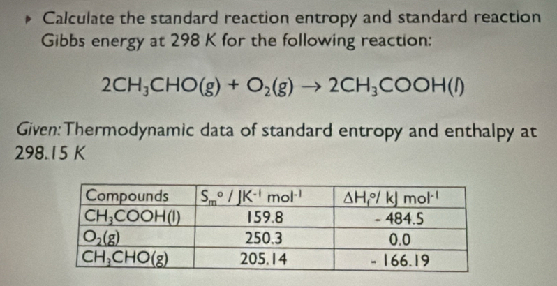 Calculate the standard reaction entropy and standard reaction
Gibbs energy at 298 K for the following reaction:
2CH_3CHO(g)+O_2(g)to 2CH_3COOH(l)
Given:Thermodynamic data of standard entropy and enthalpy at
298.15 K