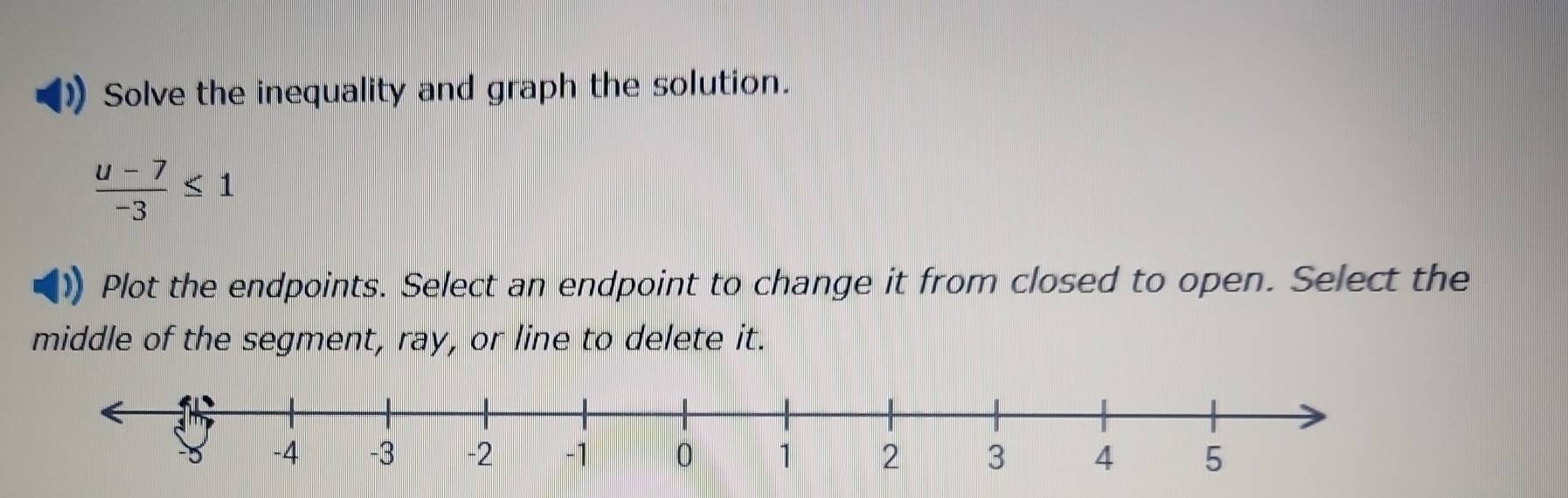 Solve the inequality and graph the solution.
 (u-7)/-3 ≤ 1
Plot the endpoints. Select an endpoint to change it from closed to open. Select the 
middle of the segment, ray, or line to delete it.