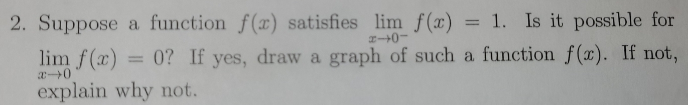 Suppose a function f(x) satisfies limlimits _xto 0^-f(x)=1. Is it possible for
limlimits _xto 0f(x)=0 ? If yes, draw a graph of such a function f(x). If not, 
explain why not.