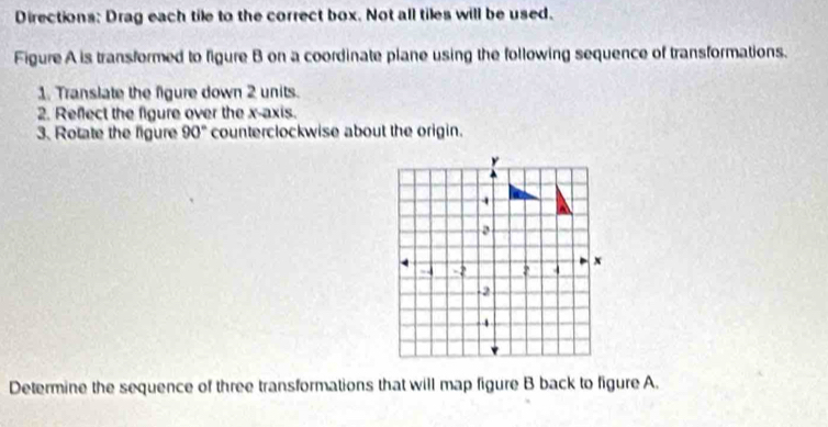 Directions: Drag each tile to the correct box. Not all tiles will be used. 
Figure A is transformed to figure B on a coordinate plane using the following sequence of transformations. 
1. Translate the figure down 2 units. 
2. Reflect the figure over the x-axis. 
3. Rotate the figure 90° counterclockwise about the origin.
y
-2 4 x
-2
Determine the sequence of three transformations that will map figure B back to figure A.