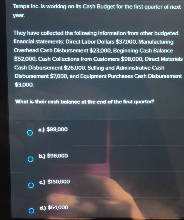 Tampa Inc. is working on its Cash Budget for the first quarter of next
year.
They have collected the following information from other budgeted
financial statements: Direct Labor Dollars $37,000, Manufacturing
Overhead Cash Disbursement $23,000, Beginning Cash Balance
$52,000, Cash Collections from Customers $98,000, Direct Materials
Cash Disbursement $26,000, Selling and Administrative Cash
Disbursement $7,000, and Equipment Purchases Cash Disbursement
$3,000.
What is their cash balance at the end of the first quarter?
a.) $98,000
b.) $96,000
c.) $150,000
d.) $54,000