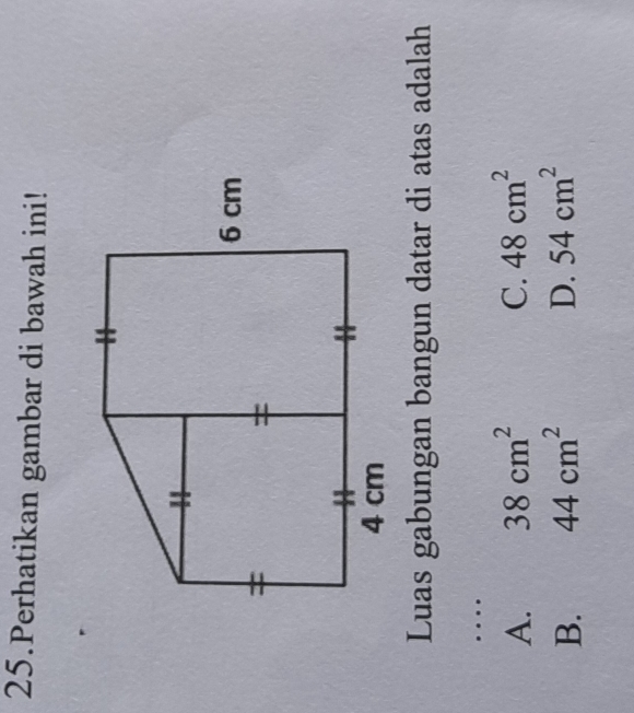 Perhatikan gambar di bawah ini!
Luas gabungan bangun datar di atas adalah
….
A. 38cm^2 C. 48cm^2
B. 44cm^2 D. 54cm^2