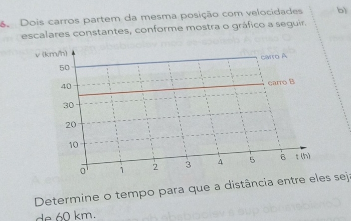 Dois carros partem da mesma posição com velocidades b)
escalares constantes, conforme mostra o gráfico a seguir.
Determine o tempo para que a distância entre sejs
de 60 km.