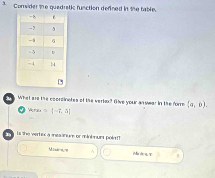 Consider the quadratic function defined in the table.
3a What are the coordinates of the vertex? Give your answer in the form (a,b). 
Vertex =(-7,5)
3b Is the vertex a maximum or minimum point?
Maximum A Minimum