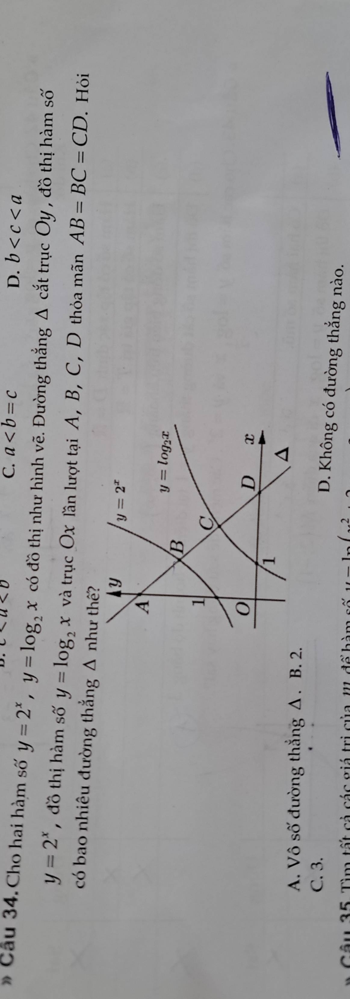 * u<0</tex>
C. a D. b
Câu 34. Cho hai hàm số y=2^x,y=log _2x có đồ thị như hình vẽ. Đường thắng △ cắt trục Oy , đồ thị hàm số
y=2^x , đồ thị hàm số y=log _2x và trục Ox lần lượt tại A, B, C, D thỏa mãn AB=BC=CD. Hỏi
có bao nhiêu đường thẳng Δ như thê?
A. Vô số đường thẳng Δ . B.
C. 3.
D. Không có đường thắng nào.
Câu 35 Tìm tất cả các giá trị của 111 để hàm số 2