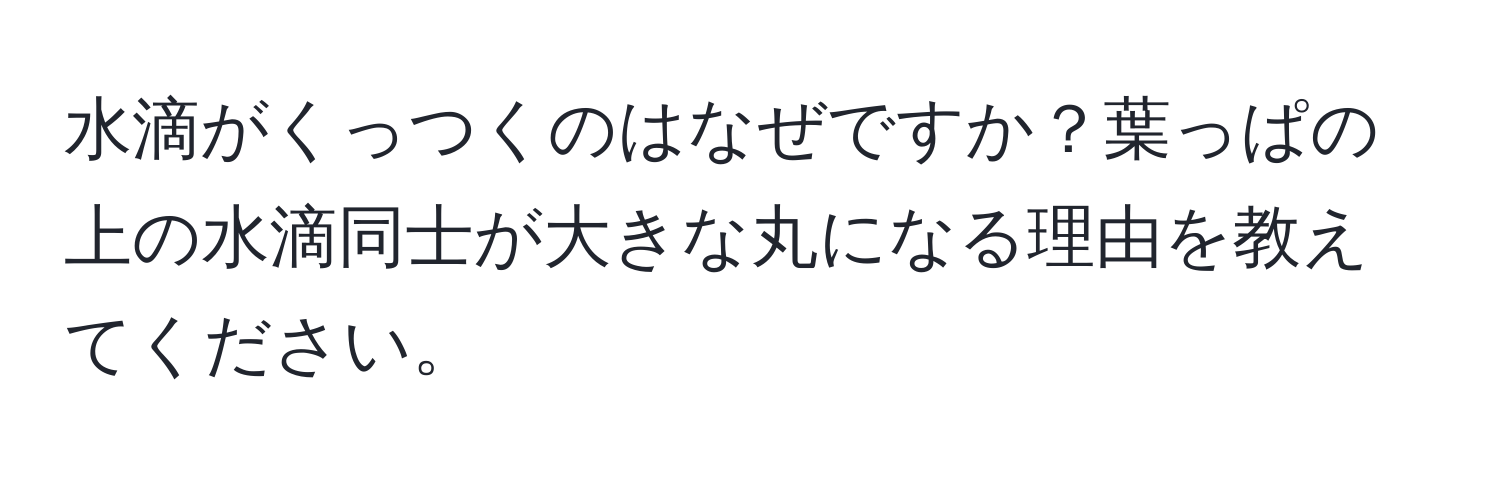 水滴がくっつくのはなぜですか？葉っぱの上の水滴同士が大きな丸になる理由を教えてください。