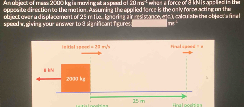 An object of mass 2000 kg is moving at a speed of 20ms^(-1) when a force of 8 kN is applied in the 
opposite direction to the motion. Assuming the applied force is the only force acting on the 
object over a displacement of 25 m (i.e., ignoring air resistance, etc.), calculate the object’s fınal 
speed v, giving your answer to 3 signifcant figures: _ ms^(-1) 
Initial speed =20m/s Final speed =v
8 kN
2000 kg
25 m
al po cition Final position