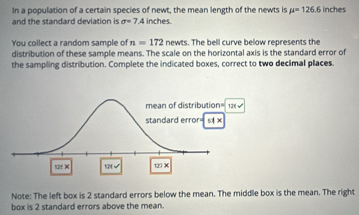 In a population of a certain species of newt, the mean length of the newts is mu =126.6 inches
and the standard deviation is sigma =7.4 inches.
You collect a random sample of n=172 newts. The bell curve below represents the
distribution of these sample means. The scale on the horizontal axis is the standard error of
the sampling distribution. Complete the indicated boxes, correct to two decimal places.
Note: The left box is 2 standard errors below the mean. The middle box is the mean. The right
box is 2 standard errors above the mean.