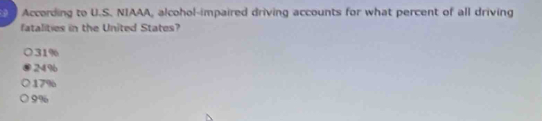 According to U.S. NIAAA, alcohol-impaired driving accounts for what percent of all driving
fatalities in the United States?
31%
24%
17%
9%